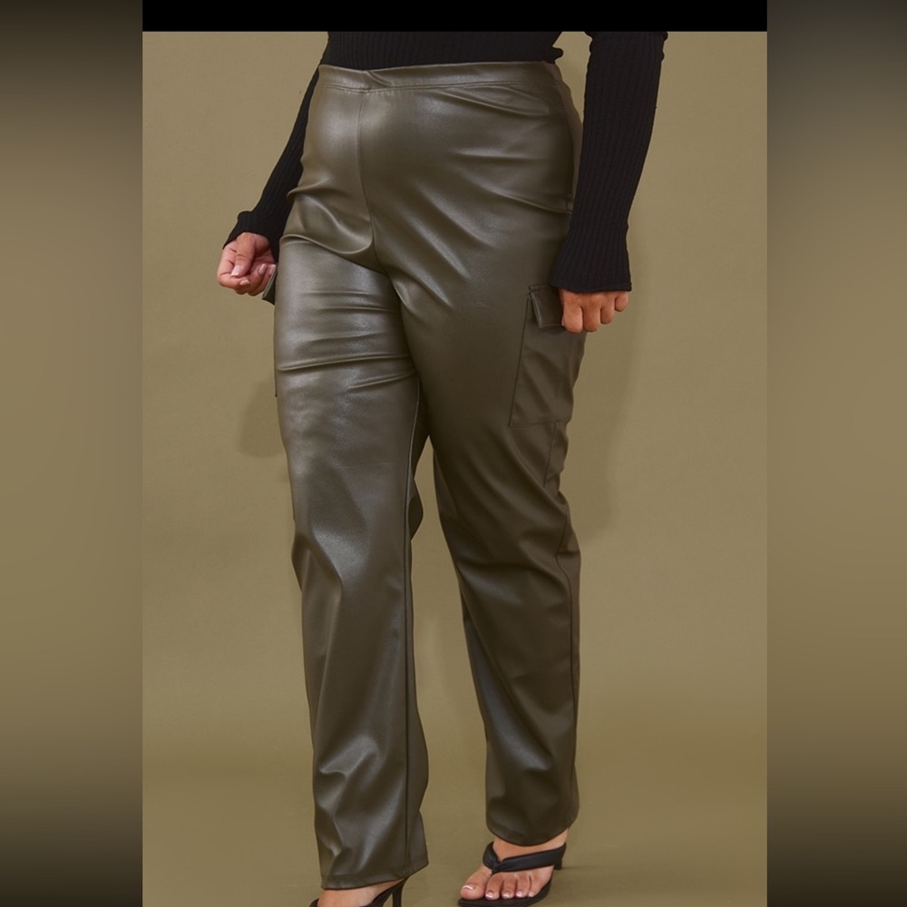 Pretty Little Thing Khaki PU Cargo Straight Leg Pants